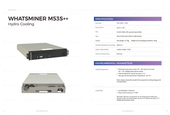 Idro raffreddamento ad acqua di raffreddamento della macchina d'estrazione di Whatminer M53S++ 310T 328T BTC
