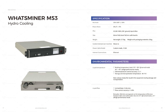 Idro minatore di raffreddamento di raffreddamento ad acqua di Whatsminer M53S++ 310T 22j/T Bitcoin ASIC