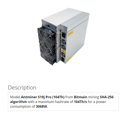 Pro 104Th Bitmain Asic algoritmo del minatore SHA-256 di Blockchain Antminer S19j per Bitcoin