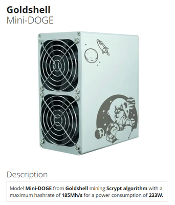 Minatore del consumo di energia 233W Goldshell Asic di Hashrate 185Mh di algoritmo di Scrypt di estrazione mineraria di Goldshell del Mini-DOGE