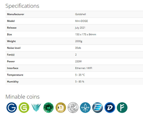 Minatore del consumo di energia 233W Goldshell Asic di Hashrate 185Mh di algoritmo di Scrypt di estrazione mineraria di Goldshell del Mini-DOGE
