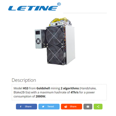 Di Blake2B-Sia Goldshell Asic quarta 2000W 2000Gh/S HS3 stretta di mano del minatore