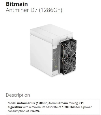 Macchina d'estrazione del minatore D7 1.286th/S 1183g 1234G di Bitmain Antminer D7 1286gh 3148W X11 Asic