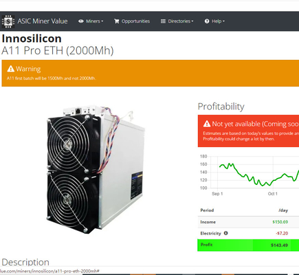 minatore A11 pro 8G di Innosilicon Asic di algoritmo di 1500Mh EtHash