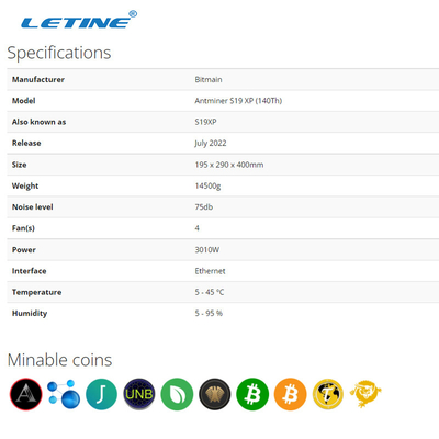 S19 XP 140TH 3100W Bitmain Asic Antminer alto Hashrate 75db