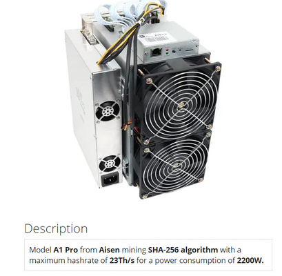 Minatore Aisen A1 pro 23Th/S 26T/S 2200W di Bitcoin Asic di algoritmo di SHA 256